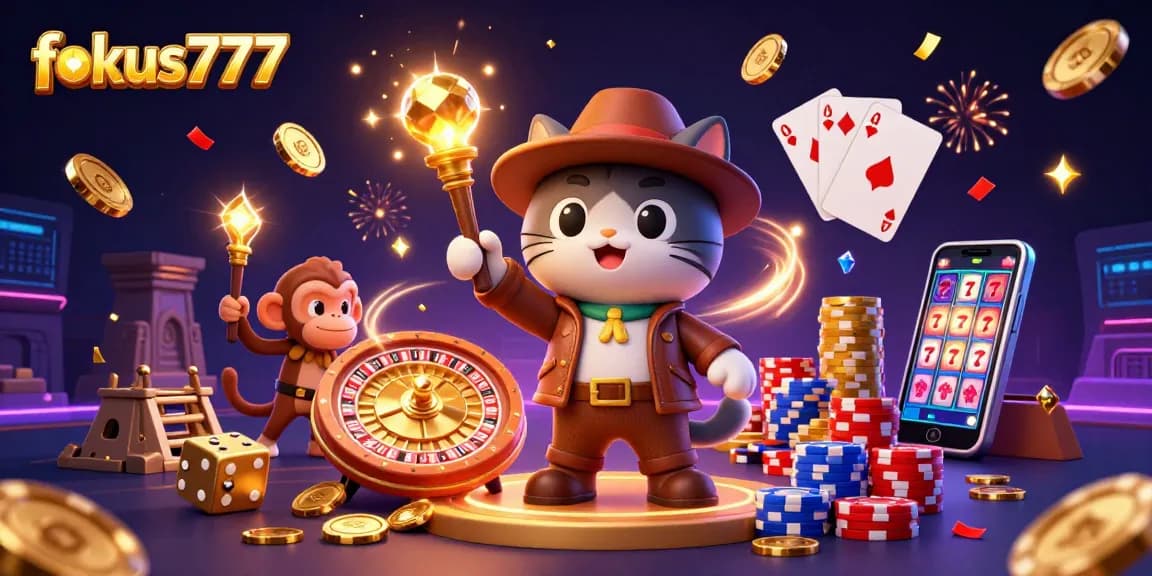 Experience thrilling gaming action with fokus777, featuring a vibrant casino exploration scene.