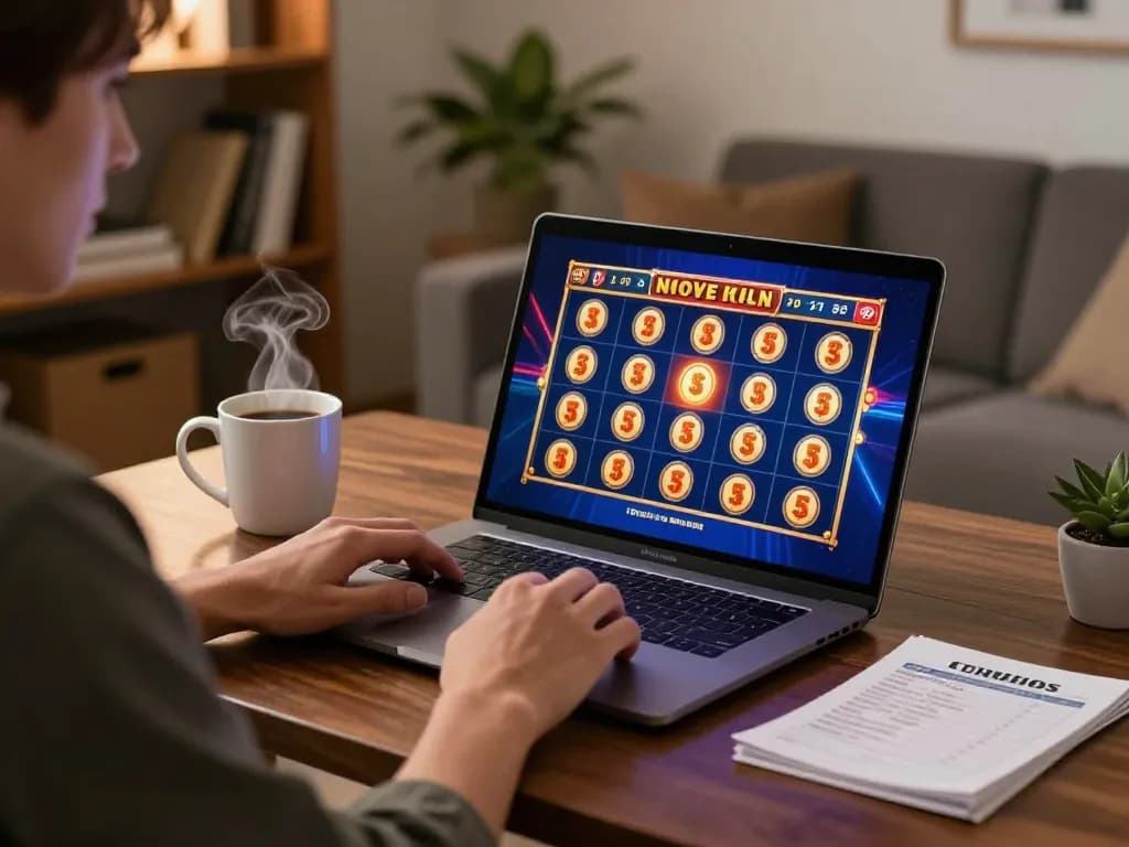 Player engaging with ligasedayu online slots at home, showcasing vibrant game graphics and strategy notes.