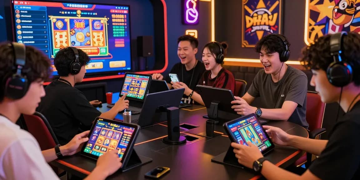 Pajaktoto players enjoying vibrant online slot games with engaging graphics in a lively digital environment.
