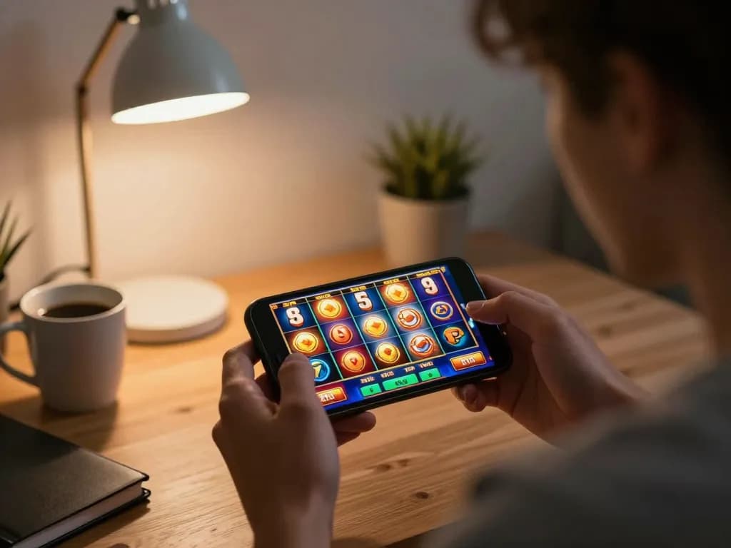 Pemain Bintangmpo menikmati permainan slot di smartphone mereka di rumah, fokus pada permainan yang bertanggung jawab.