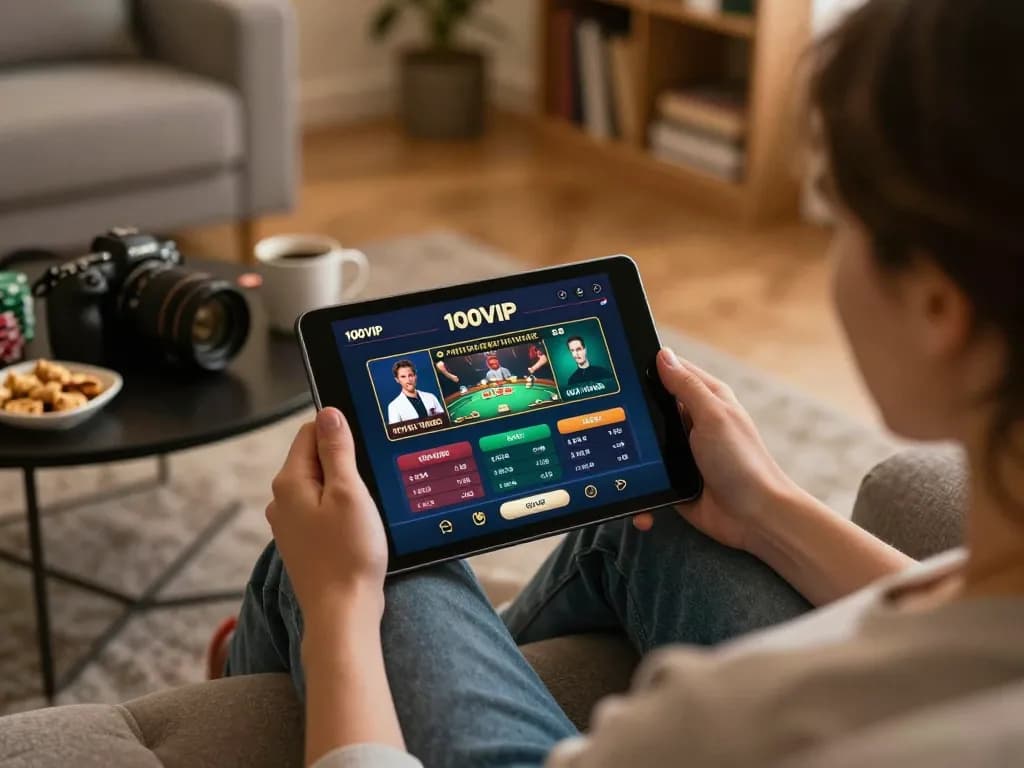 Engaged player accessing the 100VIP casino app on tablet, showcasing comfortable online gambling atmosphere.