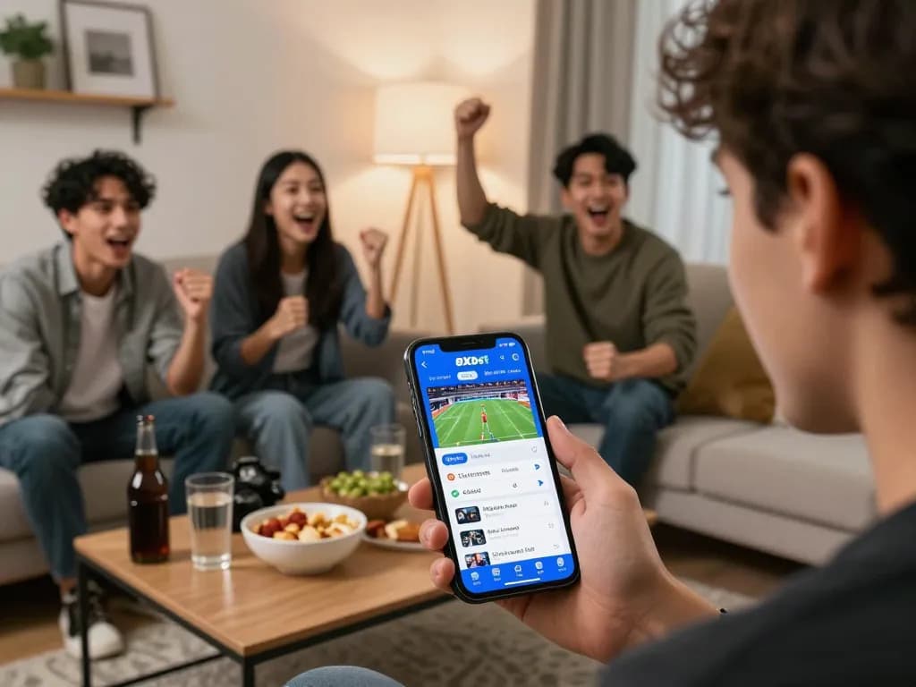 Experience live sports betting with 8xbet as fans cheer for their teams in a cozy home setting