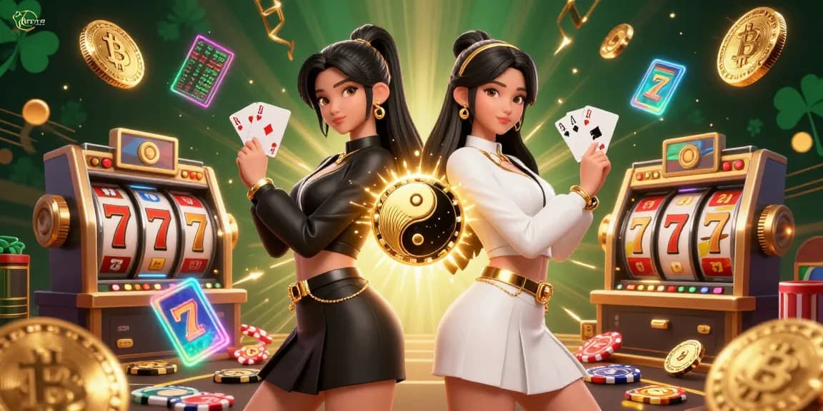 Berinteraksi dengan slot GOTOTO dalam ilustrasi 3D yang vibrant menampilkan dua wanita Asia kembar, elemen kasino, dan koin kripto.