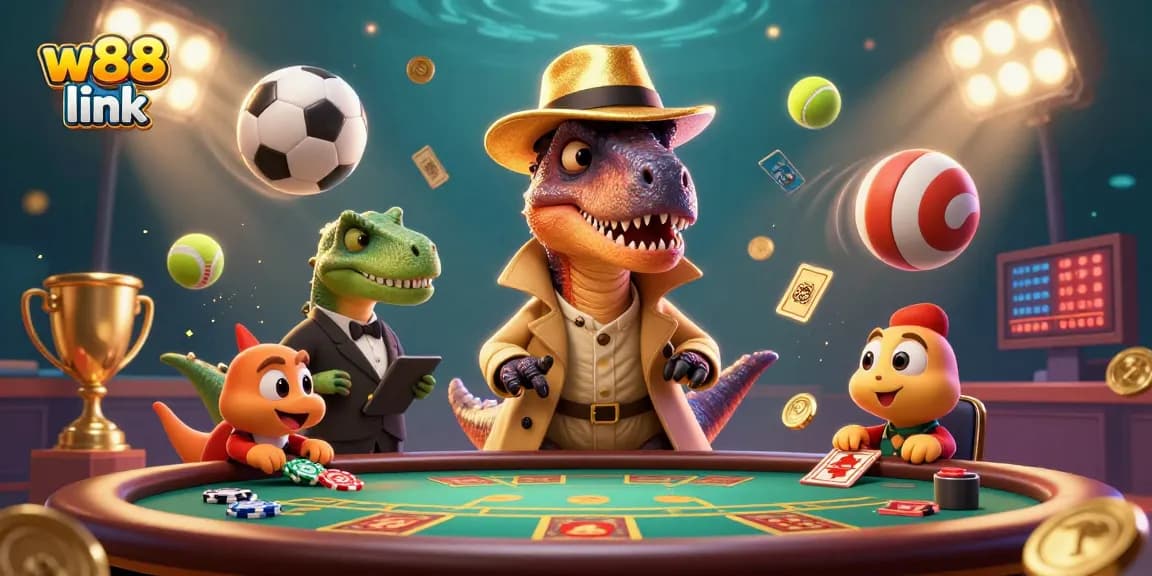 Experience the excitement of w88 link with a dynamic betting illustration featuring playful cartoon characters.