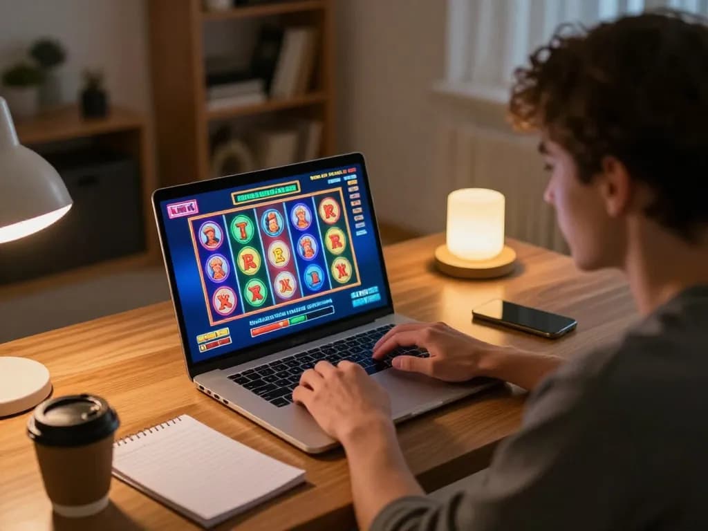 Engaging in an online slot bonus game with colorful graphics and warm ambiance
