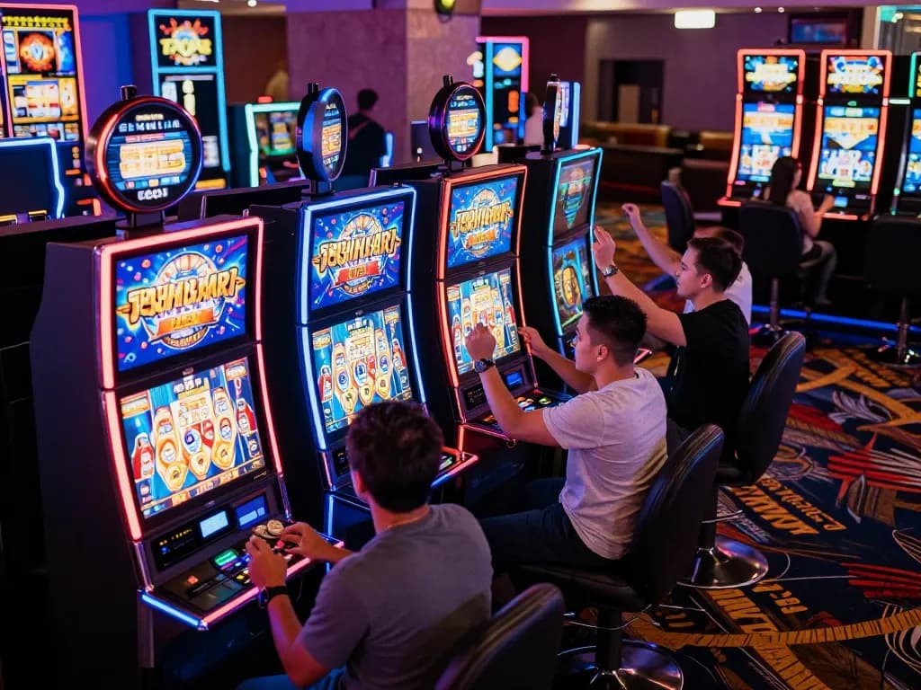 Players engaging with vibrant slot online machines in a lively casino atmosphere, celebrating winnings amid colorful lights.