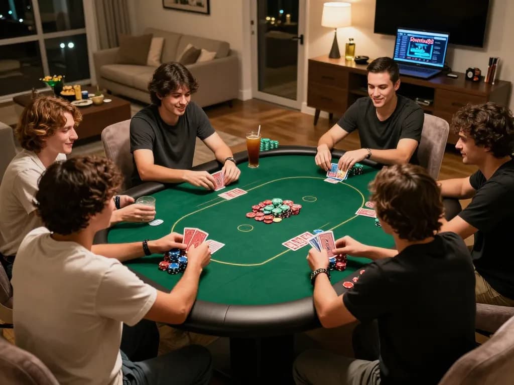 Domino88 poker players strategizing at home game night with vibrant chips and warm ambiance.