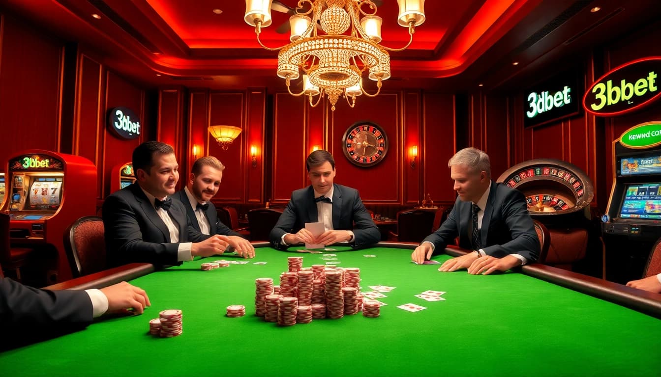 Exciting casino gaming experience with 3Dbet poker table and players focused on winning.