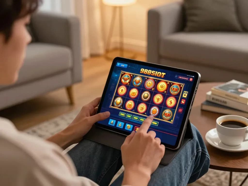 Enjoying immersive gameplay on 988slot app in a cozy home setting with modern interior.