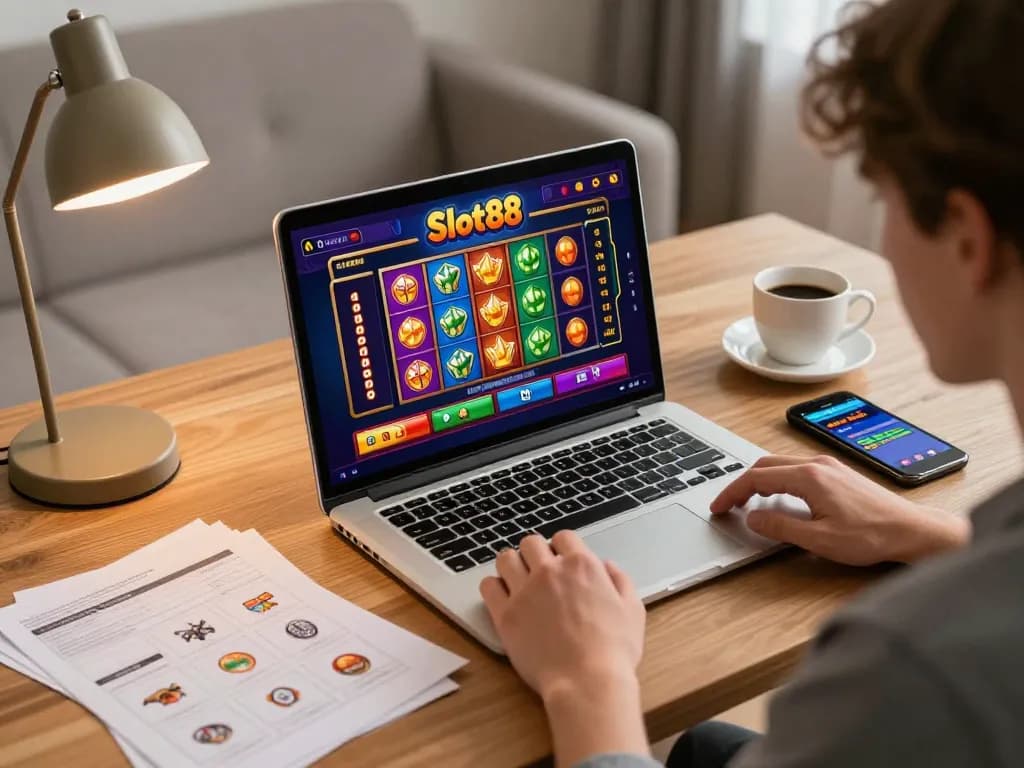 Engaging Slot88 gameplay interface displayed on a laptop, showing dynamic online betting action.