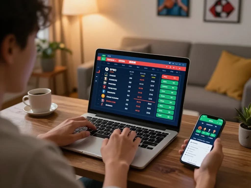 SPBO skor langsung ditampilkan di laptop selama sesi taruhan olahraga yang mendebarkan di rumah.