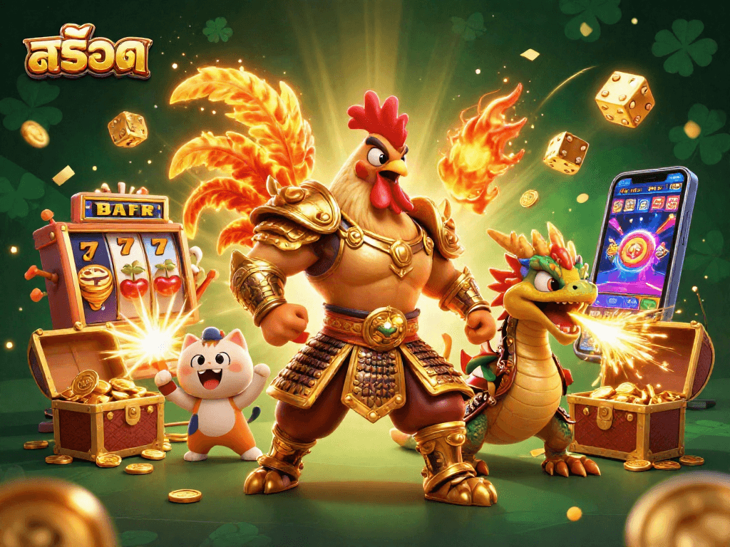 Experience excitement with สล็อต alongside a cartoon rooster warrior, dragon hatchling, and vibrant casino elements.