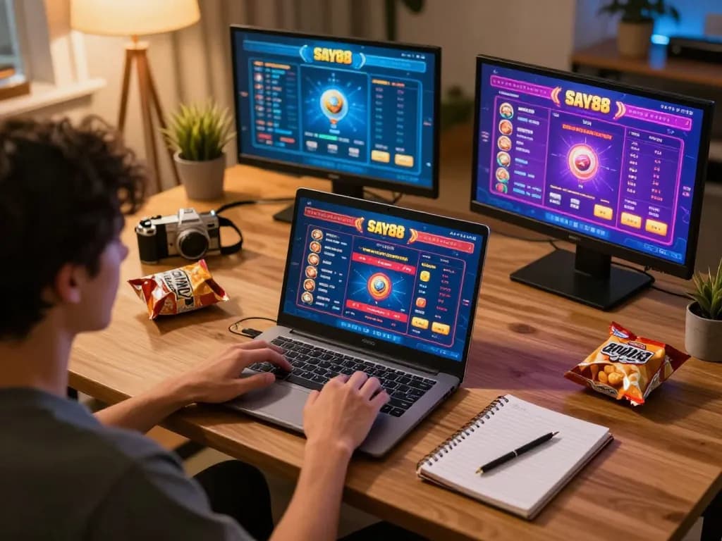 Player enjoying say88 casino games at home with strategy notepad and snacks.