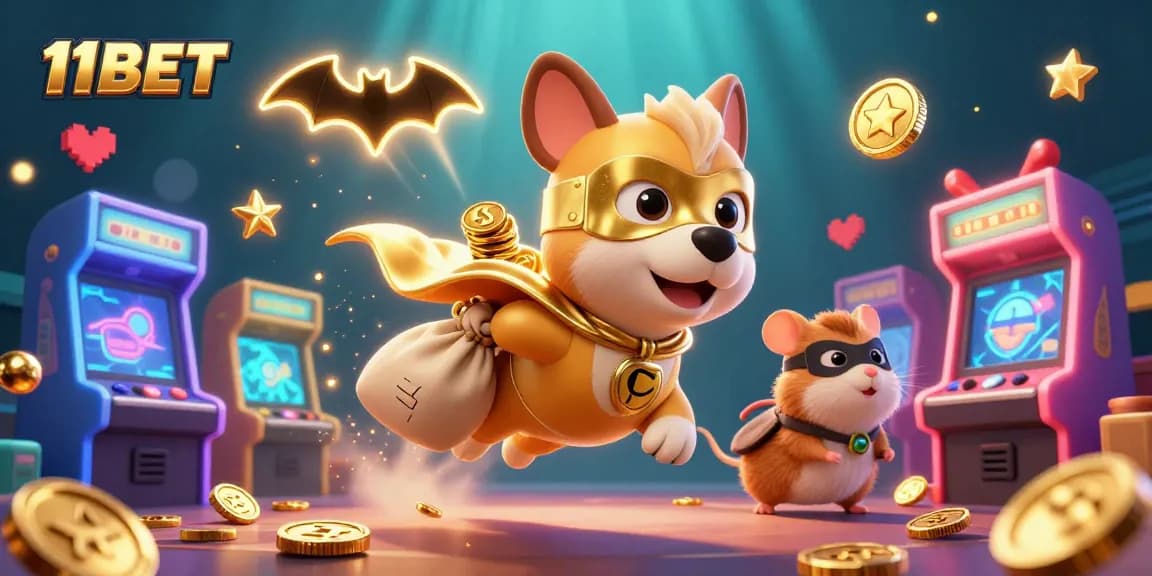 11BET showcases an exciting 3D cartoon scene with a superhero dog and arcade elements, highlighting vibrant casino excitement.