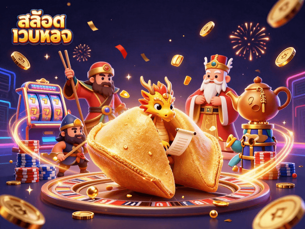Engage in arcade excitement with สล็อตเว็บตรง showcasing a colorful 3D scene of golden fortune cookie and dynamic gaming elements.
