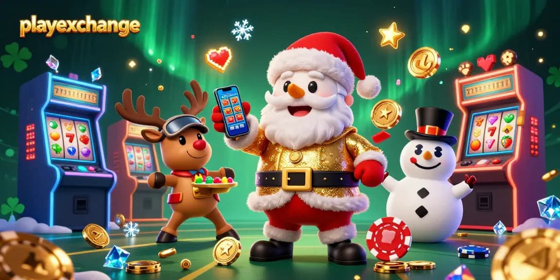 Experience the excitement of playexchange with Santa and friends in a lively casino setting, enjoying slot jackpots.