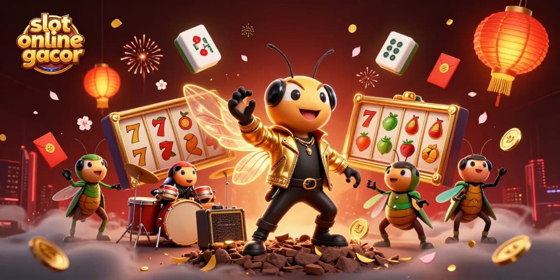 Permainan slot online gacor menunjukkan cicada rock star beraksi di panggung penuh warna dan elemen keberuntungan.