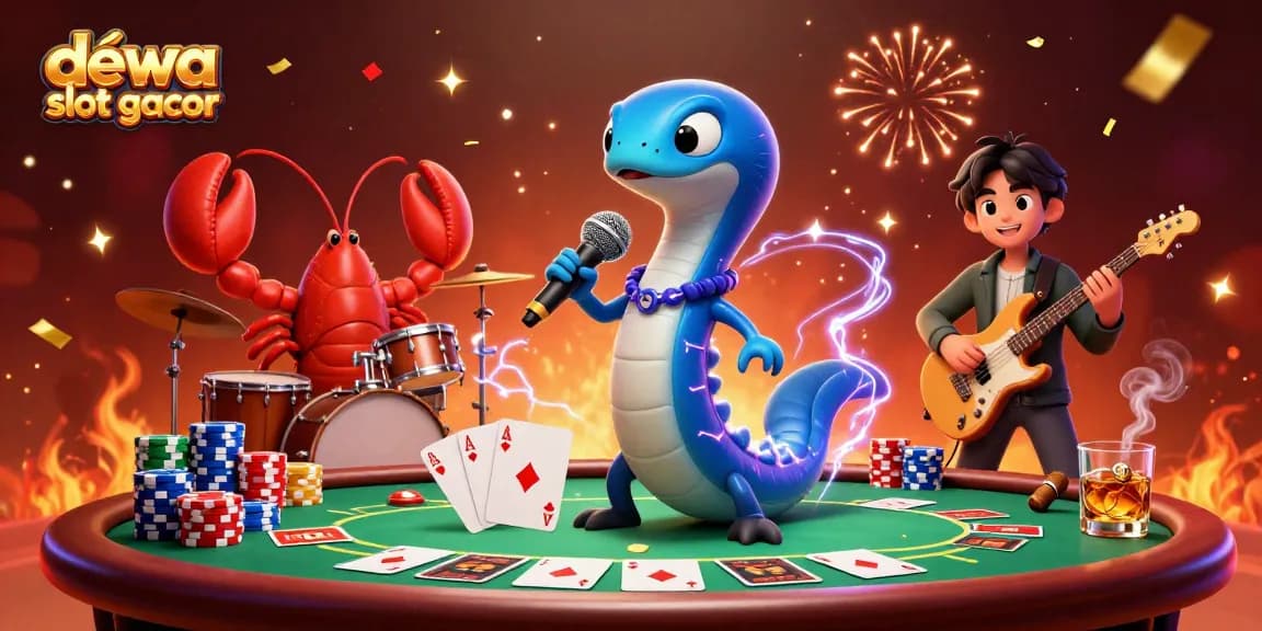 Menghadirkan dewa slot gacor, ilustrasi 3D kasino bawah laut yang dinamis dengan elemen poker dan karakter unik.