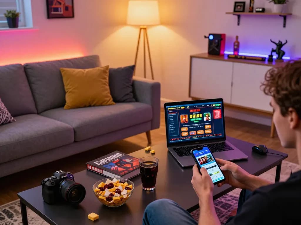 Person enjoys online gambling with lmhistory mobile app during cozy home gaming session