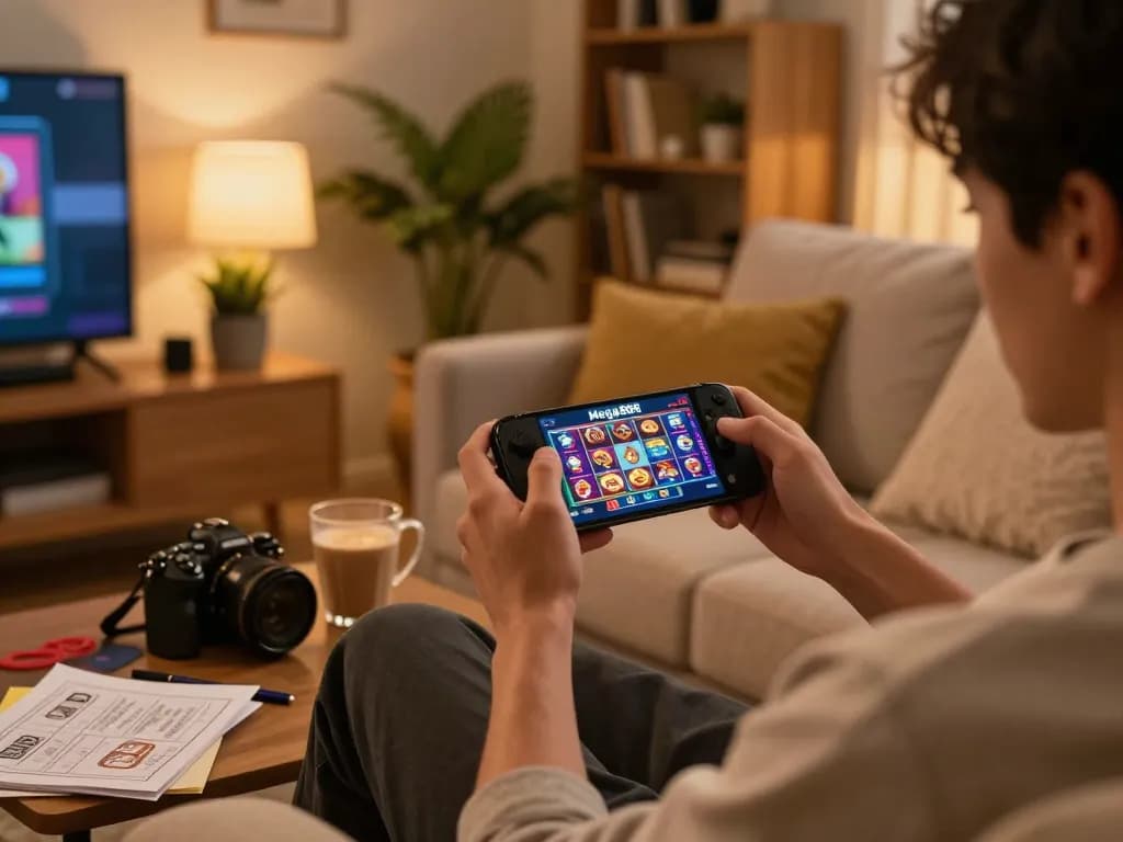 Mega888 mobile gaming experience showcasing vibrant slots on a cozy home setup.