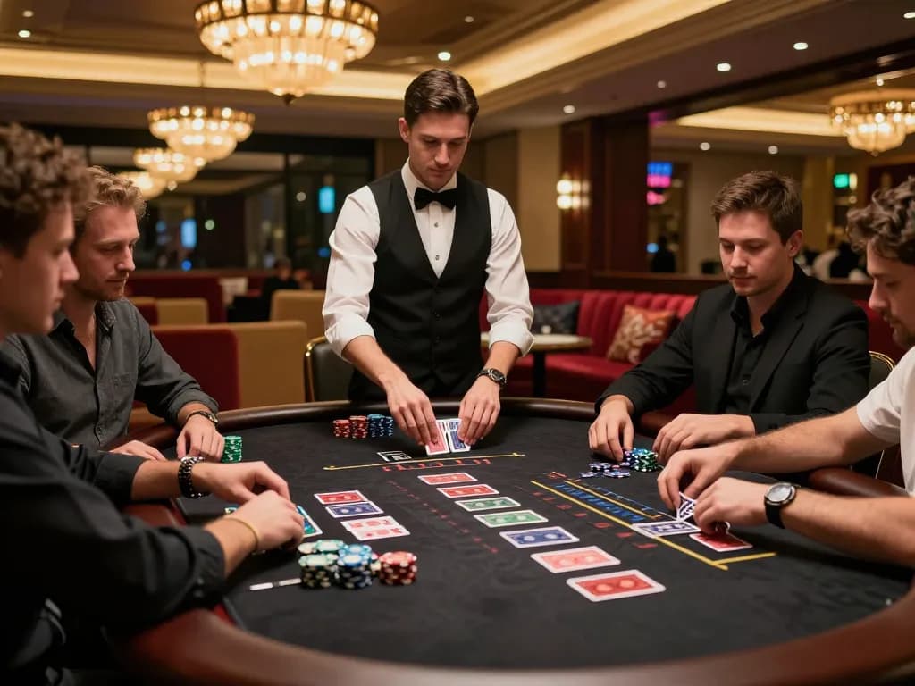 Create a Caricature of players enjoying an intense blackjack game in a luxurious casino setting