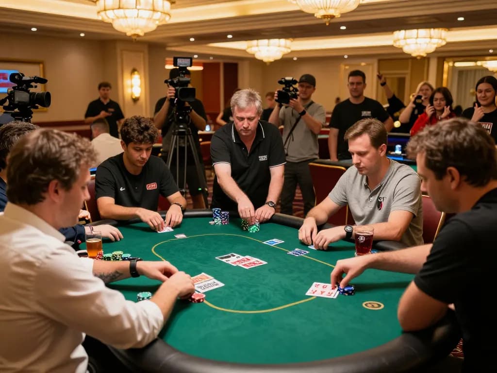 Luck8 players engaged in an intense poker game at a luxury casino, showcasing strategic gameplay and winning moments