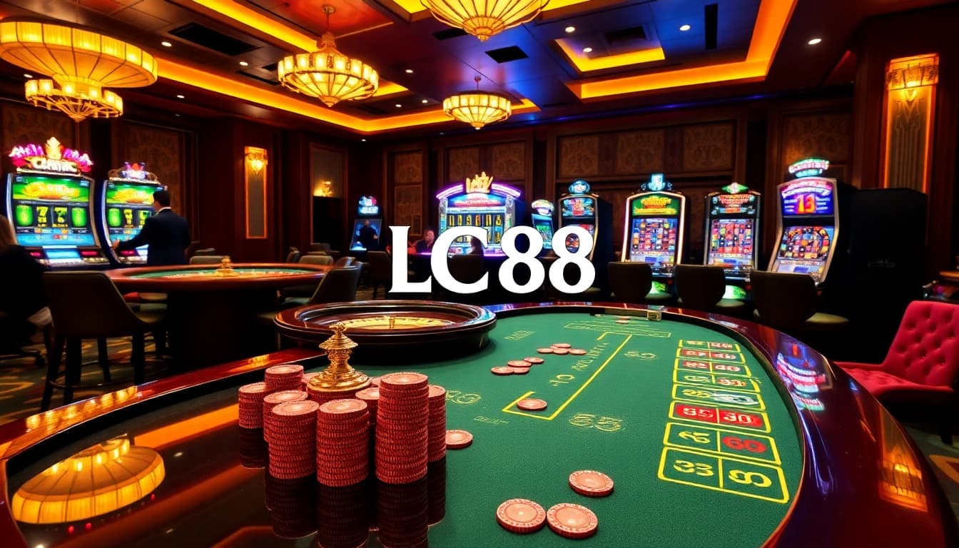 Experience the thrill of gambling at LC88's luxurious casino with vibrant gaming tables.