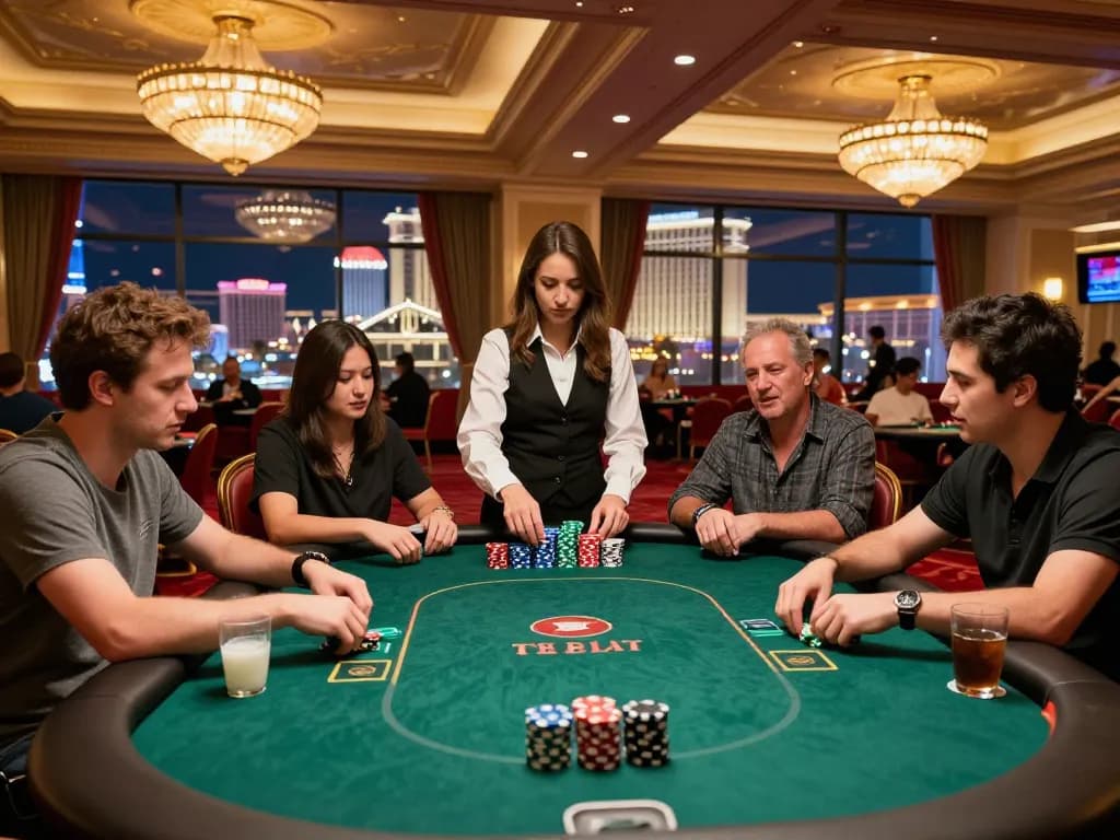Players engaged in a keratontoto poker game, high stakes, vibrant Las Vegas casino