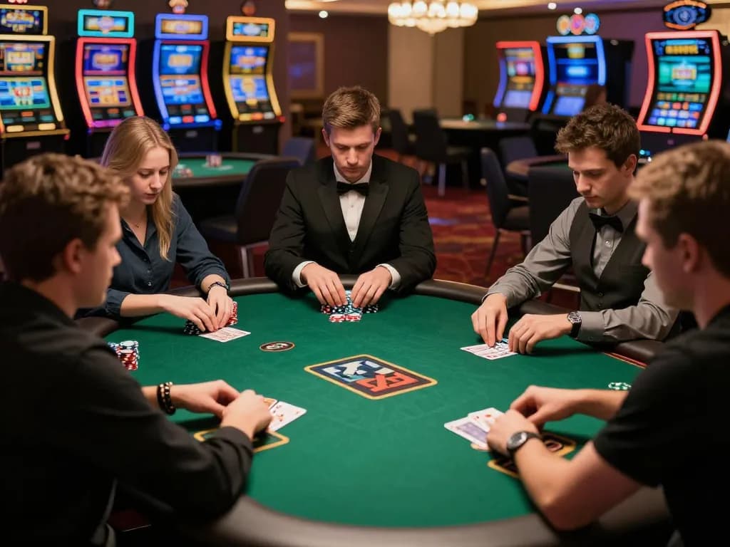 Engaged players at a poker table in NK88 casino, showcasing strategic gameplay with chips and cards