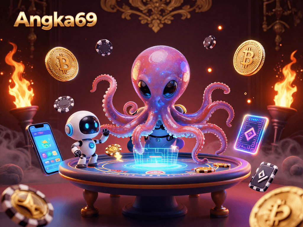 Experience Angka69 excitement with a 3D alien octopus enjoying a glowing poker game in outer space.
