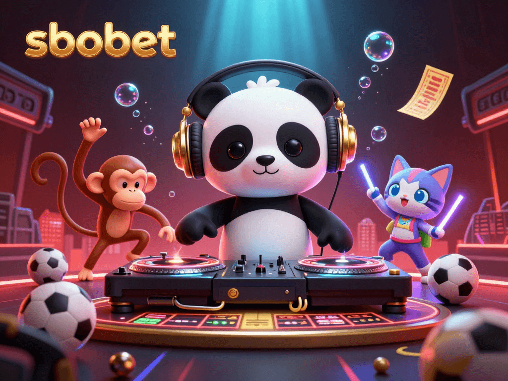 SBOBET sports betting illustration featuring a DJ panda, breakdancing monkey, and rave kitten in a vibrant casino setting.