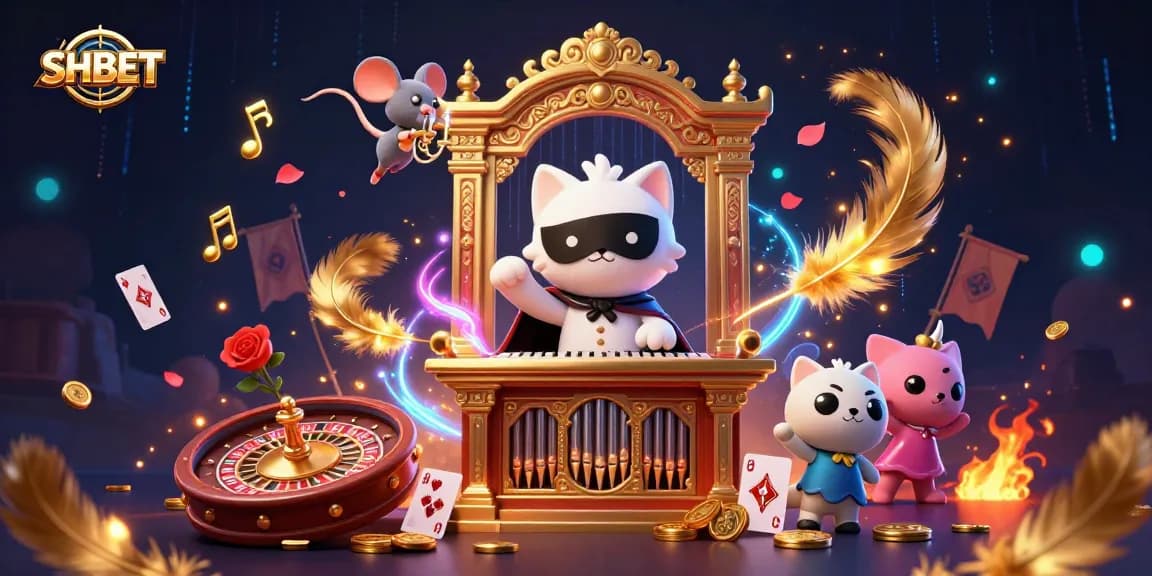 Win big at SHBET with this vibrant casino scene featuring a masked cat and lively game elements.