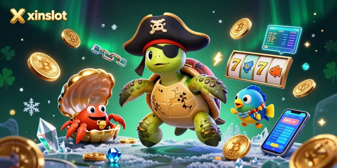 XINSLOT spins thrilling slot reels with a pirate turtle, crab, and parrotfish amidst treasure