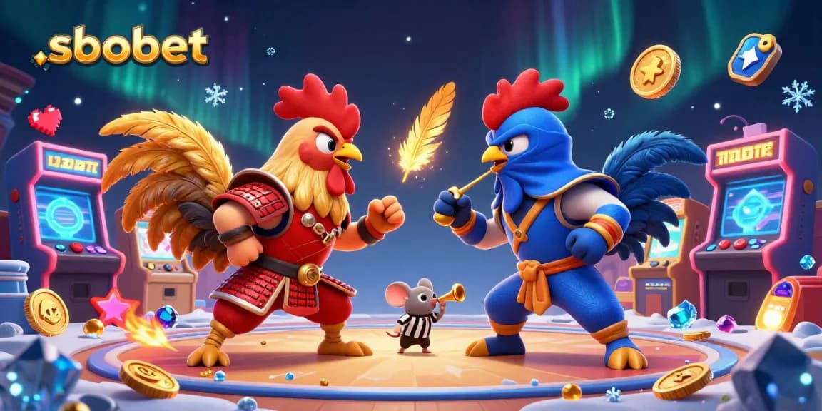SBOBET brings a thrilling cockfight scene with vibrant colors and dynamic gaming elements.
