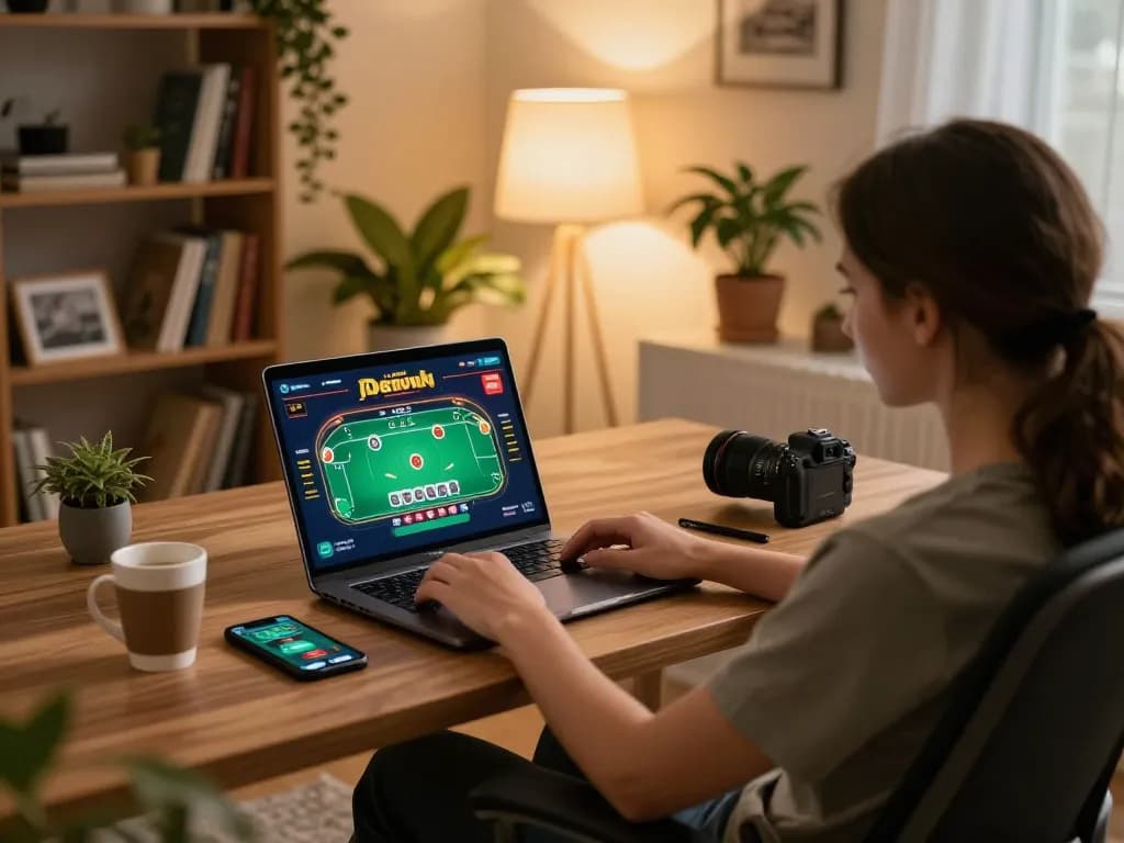 Engaging online poker gameplay on FC88 platform, showcasing a cozy home setup with strategic atmosphere.