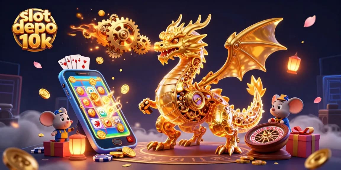 Engage with slot depo 10k through a vibrant scene of a golden dragon amidst dazzling casino elements.