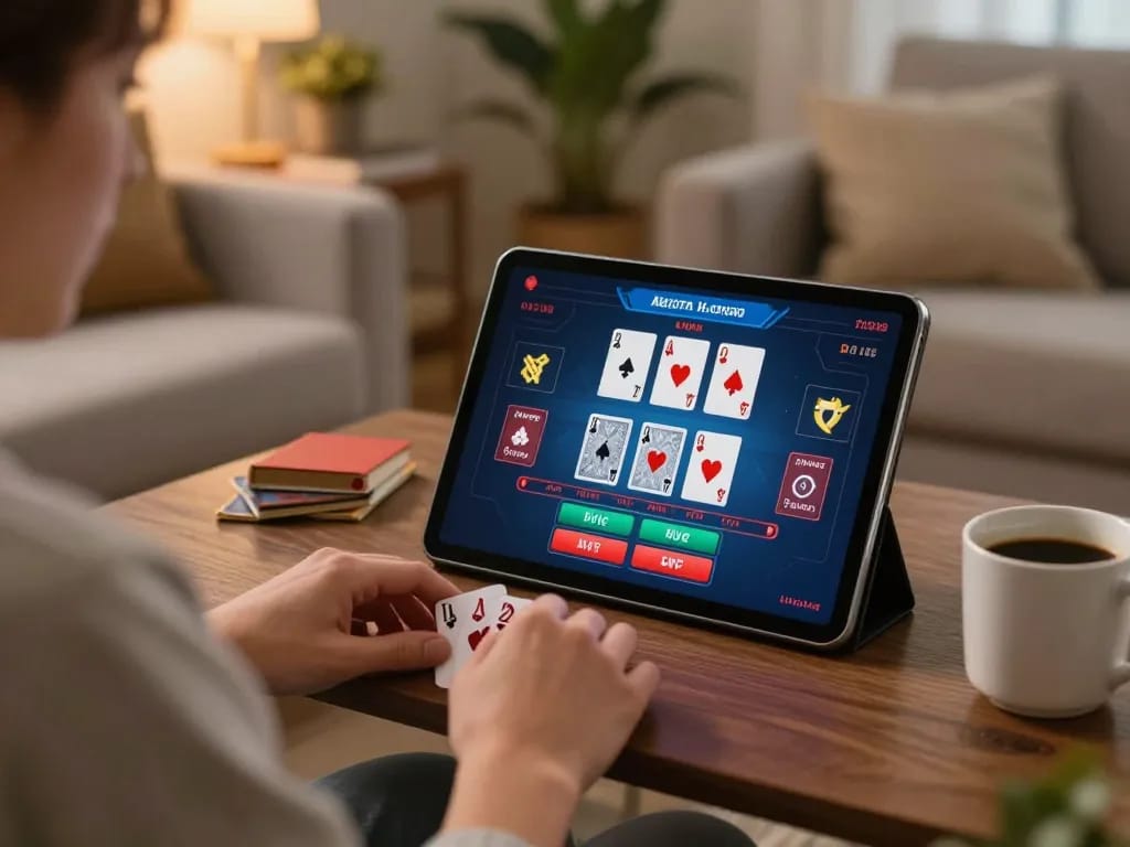 56WIN player engaging in live dealer baccarat on a tablet in a cozy home setting