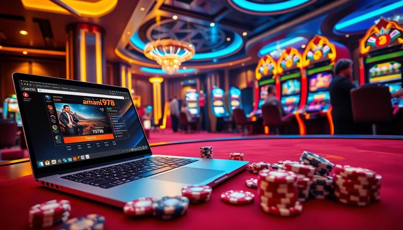 Pemandangan perjudian online yang cerah menampilkan aman788 dengan chip poker, laptop yang ramping, dan mesin slot yang bersinar.