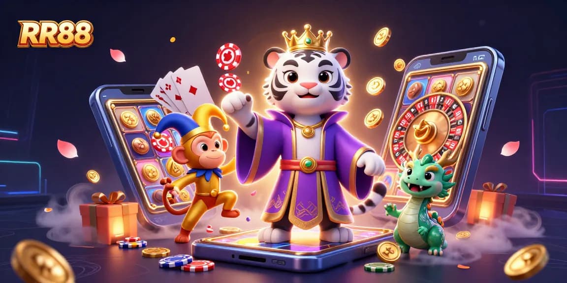 Experience the excitement of RR88 casino games with a vibrant illustration featuring a white tiger, golden monkey, and jade dragon surrounded by colorful slot games and poker chips.