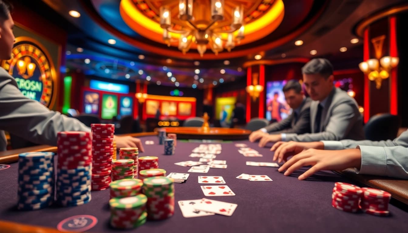 Exciting poker gameplay with UU88 chips and luxurious casino setting.