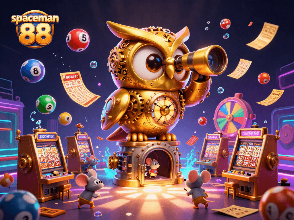 Spin the reels with spaceman 88 in an exciting casino scene filled with golden tickets and vibrant rewards.