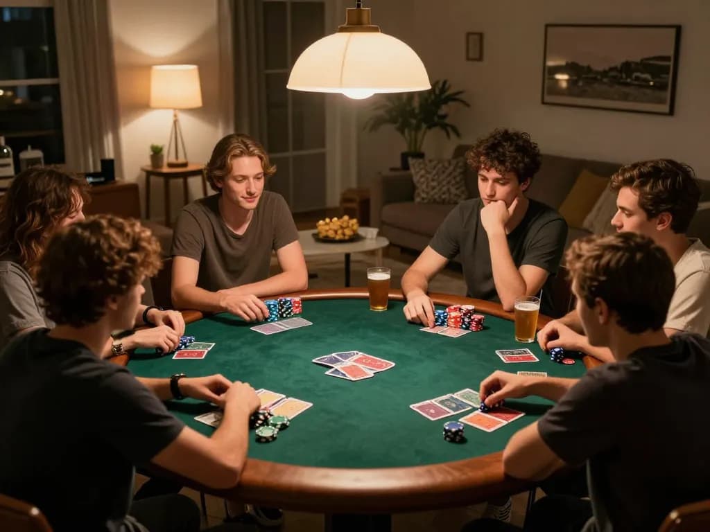 Join friends for a thrilling poker night at home, featuring chips and cards in a lively environment with m117 strategy discussions.