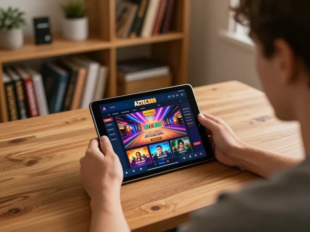 Engaging player using AZTEC888 platform on tablet, showcasing online casino gaming atmosphere