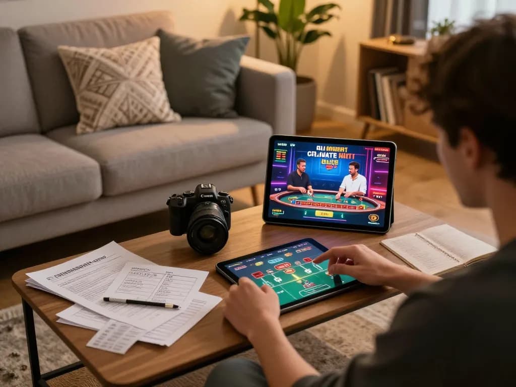 Play live dealer games on lc88vina with a cozy home setup featuring a tablet and strategy notes.