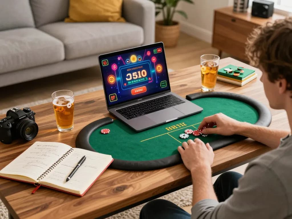 Player exploring okking online casino on laptop, cozy gaming atmosphere.