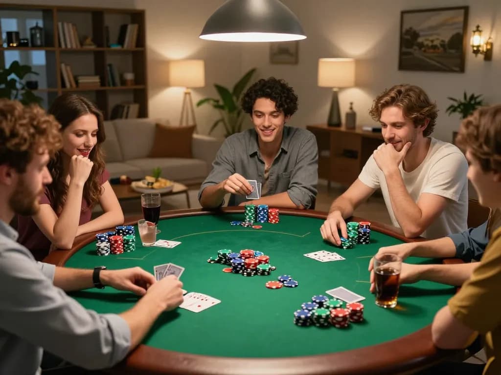 Friends enjoy poker game at home while using lc88 for strategic betting.
