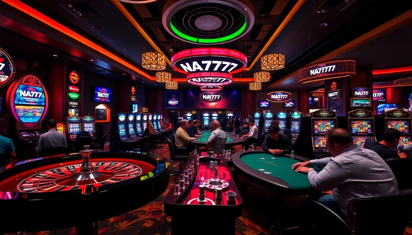Experience thrilling gaming environments at NA777, featuring poker tables and slot machines.