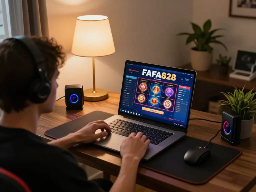 Person engaged in online gaming at FAFA828, showcasing laptop gameplay in a cozy home environment