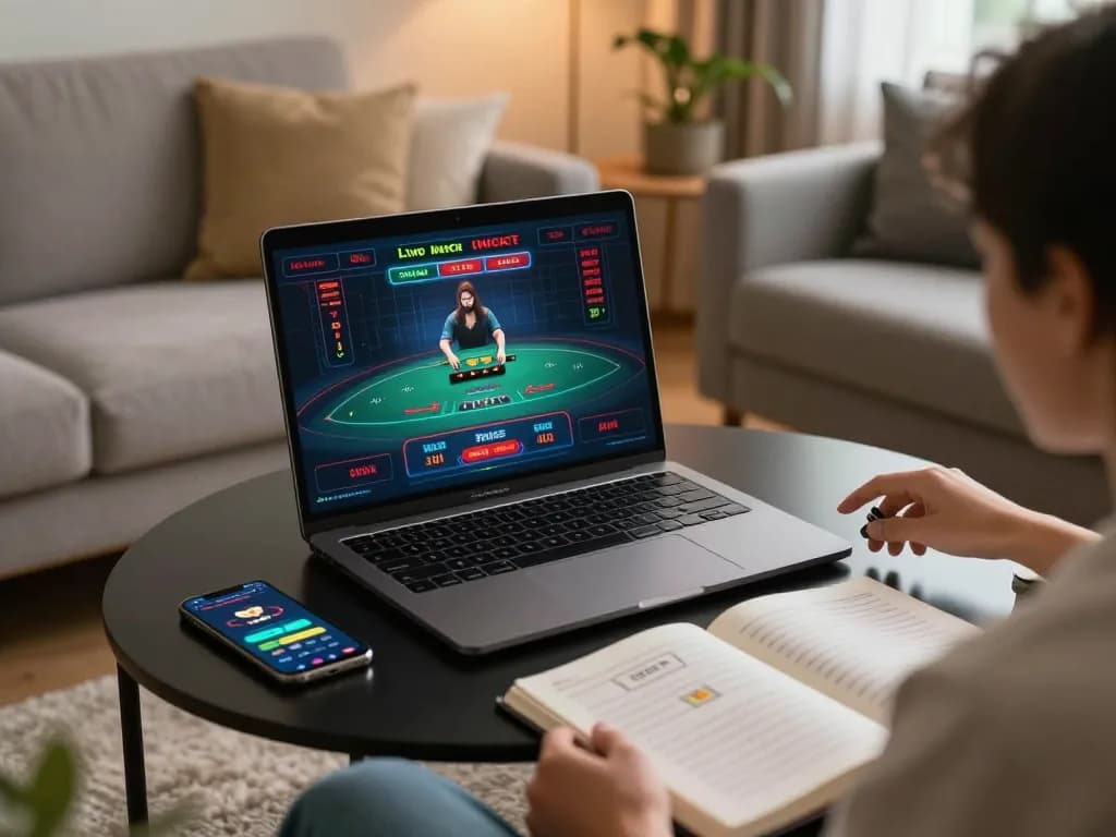 GO8 player enjoying a live dealer casino game on a laptop in a cozy home environment, showcasing responsible gambling.