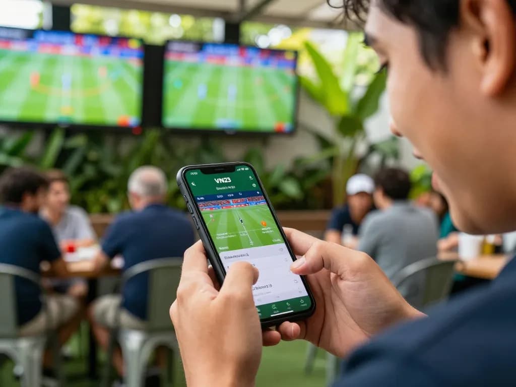 Engaged player using the VN23 app for live betting in a vibrant outdoor setting